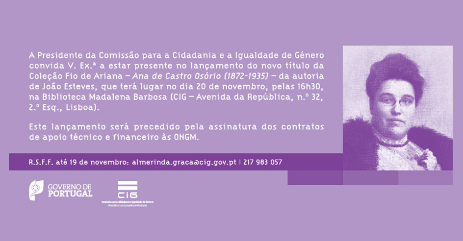 Convite - Lançamento do livro «Ana de Castro Osório (1872-1935)» (20 nov., Lisboa)