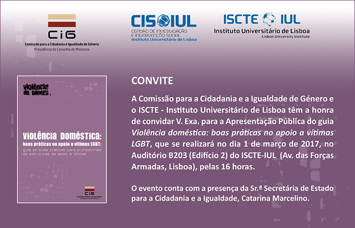 Apresentação pública do guia “Violência doméstica: boas práticas no apoio a vítimas LGBT” (1 mar., Lisboa)