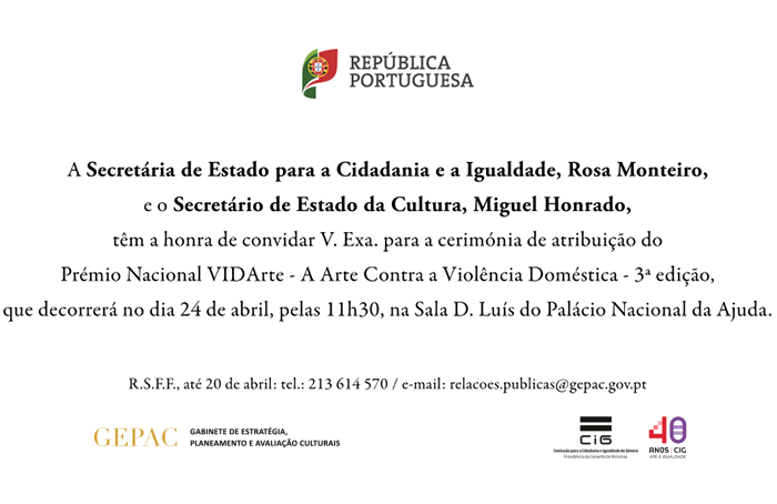 Convite - Cerimónia de atribuição do Prémio Nacional VIDArte - A Arte Contra a Violência Doméstica - 3ª edição (24 abr. Lisboa)