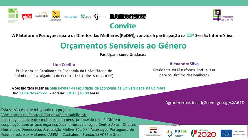 13ª Sessão InformAtiva "Orçamentos Sensíveis ao Género" (12 nov., Coimbra)