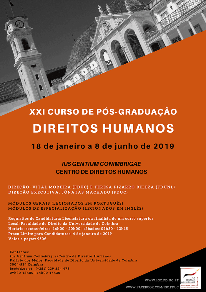 Inscrições abertas Pós Graduação em Direitos Humanos - Coimbra