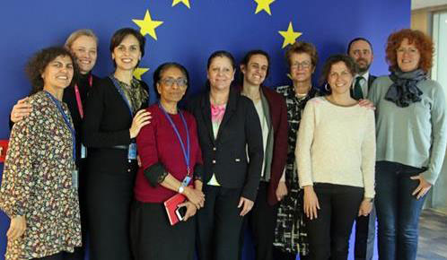 A delegação nacional nas pessoas de Andreia Lourenço Marques e da Presidente da CIG Teresa Fragoso (no sentido dos ponteiros do relógio), a delegação da Noruega (EEA Grants), da Comissão Europeia e do Serviço Europeu de Ação Externa