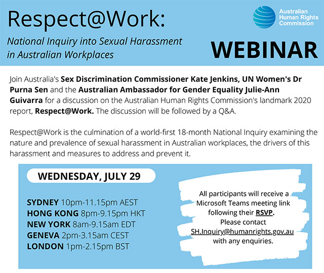 Comissão Australiana de Direitos Humanos realiza Webinar sobre assédio sexual no local de trabalho, 29 de julho, 13h00