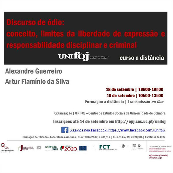 UNIFOJ realiza curso "Discurso de ódio: conceito, limites da liberdade de expressão e responsabilidade disciplinar e criminal", 18 e 19 setembro