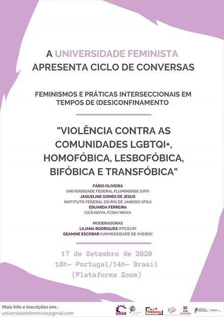 Webinar “Violência contra as comunidades lgbtqi+, homofóbica, lesbofóbica, bifóbica e transfóbica”, 17 de setembro, 18h00