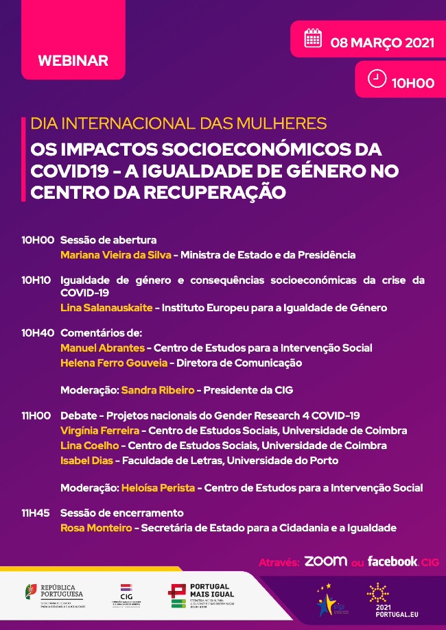 CIG assinala Dia Internacional das Mulheres com Webinar sobre impactos socioeconómicos da COVID-19 na igualdade de género