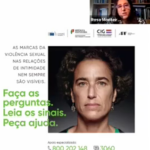 Slide de sessão zoom com imagem campanha Violência Sexual nas Relações de Intimidade, indicação da data de 27 de setembro de 2021|10horas e imagem da Secretária de Estado para a Cidadania e Igualdade,Rosa Monteiro, no canto superior direito.