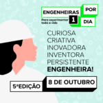 Ilustração Engenheiras por um dia. Figura de mulher com capacete de obra. Título curiosa, criativa, inovadora, inventora, persistente, engenheira! 5ª edição, 8 de outubro.