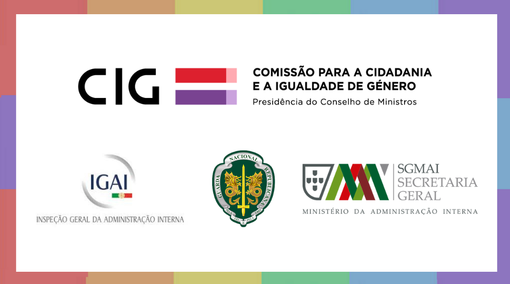 Sobre fundo com as cores da bandeira lgbti, logótipos da CIG, IGAI, GNR e SMAI