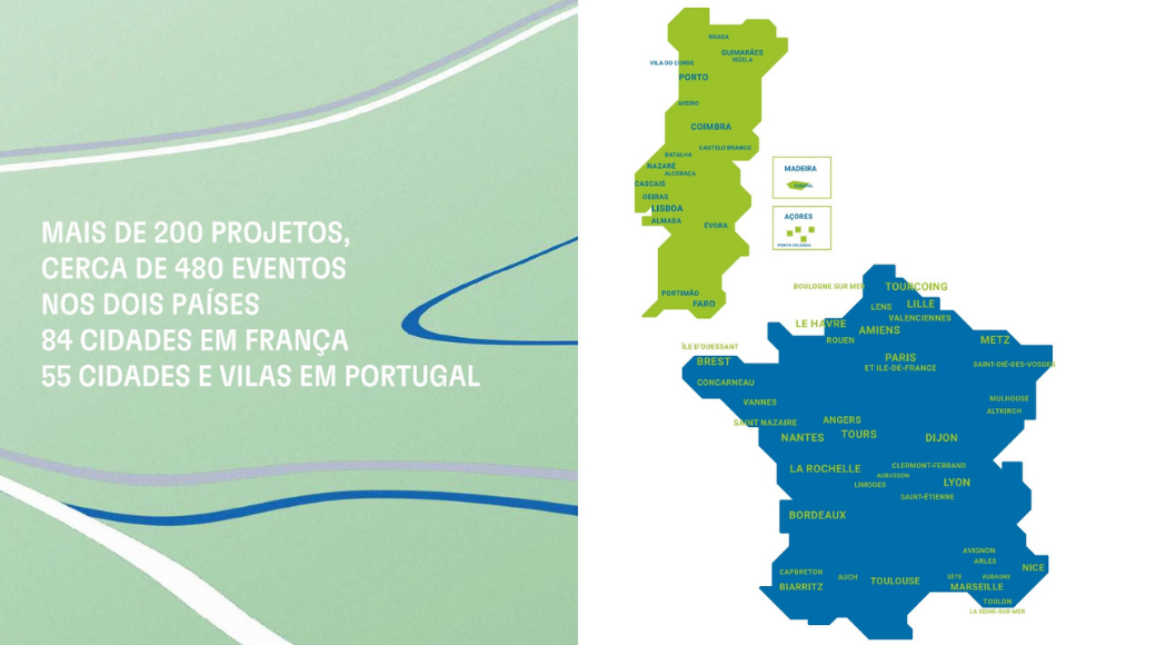 À esquerda, fundo verde com aindicação "mais de 200 projetos, ceca de 480 eventos no sdois países. 84 cidades em frança e 55 cidades e vilas em portugal. à esquerda, os mapas de Portugal, a verde, e França, a azul, sobre fundo branco.