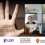 Imagem do seminário realizado onlene sobre a imagem do evento - mão aberta com o texto stop violence . Logos CIG, LDO, CES e Norwegian Courts administration
