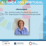 Foto de Josefina Leitão sobre um fundo azul e o logótipo da Aliança ODS Portugal em marca de água.