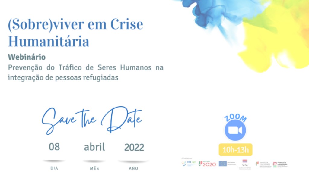 título do webinar com a data, o nome da plataforma online e a hora do evento e ainda uma mancha de cor amarela e azul artística