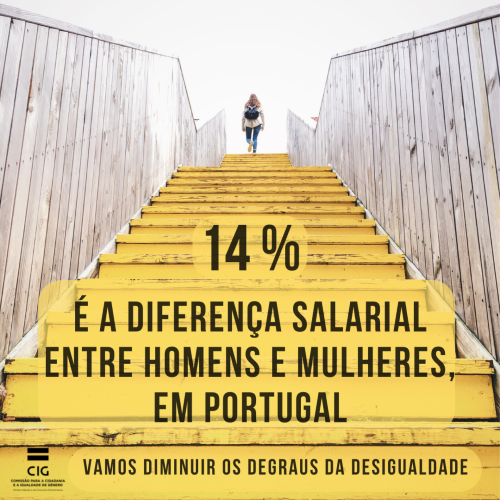 mulher de costas no topo de uma escadaria com degraus amarelos. texto. 14% é a diferença salarial entre homens e mulheres, em portugal. vamos diminuir os degraus da desigualdade.