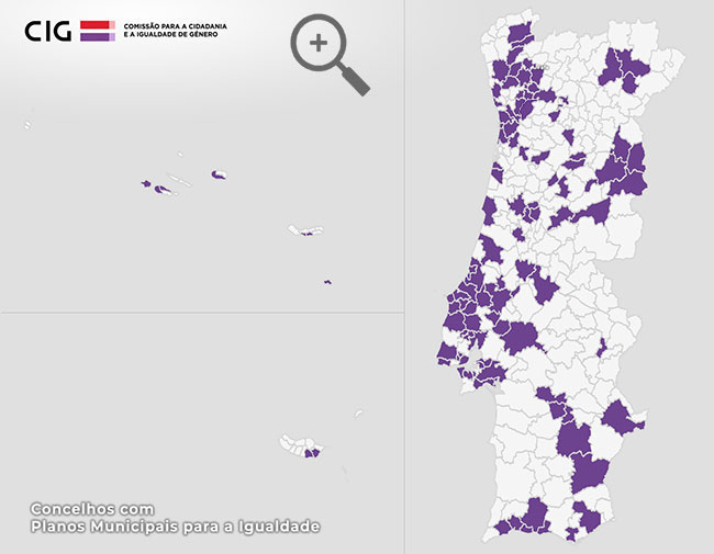Lista dos Concelhos com Planos Municipais para a Igualdade disponível em formato PDF por baixo do Mapa dos Concelhos com Planos Municipais para a Igualdade
