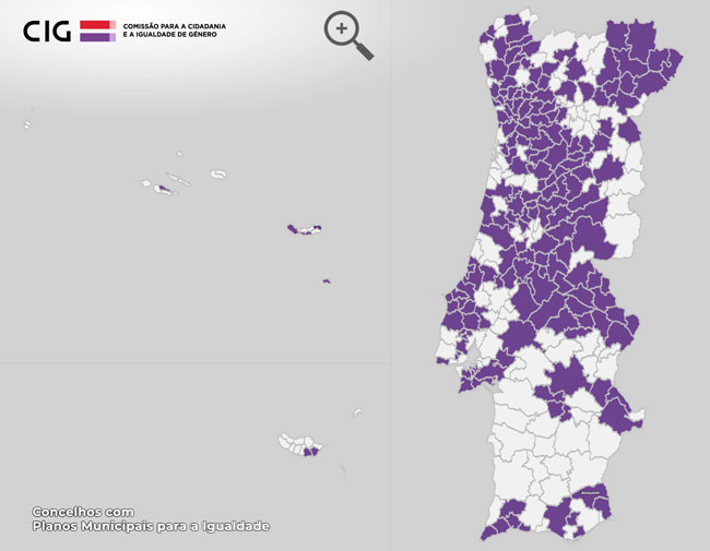 Lista dos Concelhos com Planos Municipais para a Igualdade disponível em formato PDF por baixo do Mapa dos Concelhos com Planos Municipais para a Igualdade