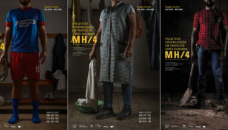 Imagem com três cartazes da campanha com um jogador de futebol, uma empregada doméstica e trabalhador das obras