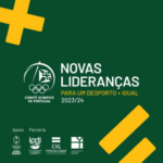 fundo verde e letras brancas com o texto novas lideranças para um desporto + igual 2023/24- símbolos de + e = a amaarelo. logótipos do comité olimoico de portugal, ipdj, cig ppdm e olympic solidarity