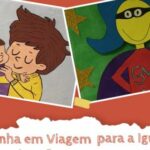 Desenho de uma criança e de uma mulher com as vestes de uma super-heroína e nome do projeto