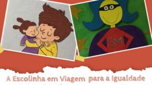 Desenho de uma criança e de uma mulher com as vestes de uma super-heroína e nome do projeto