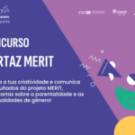 concurso cartaz merit. elementos gráficos geométricos simulam uma mulher a falar para um megafone.