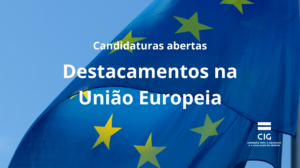 bandeira azul com estrelas amarelas sob um céu azul. candidaturas abertas. destacamentos na união europeia. logótipo cig