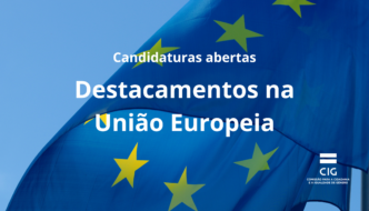 bandeira azul com estrelas amarelas sob um céu azul. candidaturas abertas. destacamentos na união europeia. logótipo cig