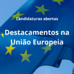 bandeira azul com estrelas amarelas sob um céu azul. candidaturas abertas. destacamentos na união europeia. logótipo cig