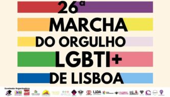 26ª Marcha do Orgulho LGBTI+ de Lisboa. O design é colorido e utiliza faixas horizontais com as cores da bandeira do arco-íris, com os logos das entidades organizadores no fundo da imagem