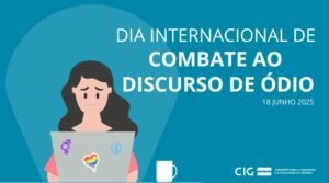 Uma ilustração de uma mulher em frente a um computador.. Dia Internacional de Combate ao Discurso de Ódio, 18 Junho 2025.