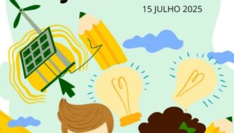 um jovem rapaz e uma jovem rapariga usam computador. ao redor, lâmpadas, lápis, geradores de energia eólica e nuvens.