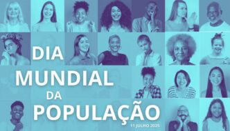 Dia Mundial da População, 11 julho 2025, fundo com várias pessoas com um filtro azul