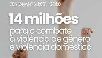 Fundo com três braços erguidos com punhos fechados, no topo os logótipos dos EEA Grants e da CIG, com o texto EEA Grants 2021-2028, 14 milhões para o combate à violência de género e à violência doméstica, saiba como no evento de lançamento do novo ciclo EEA Grants, no dia 28 de outubro de 2025