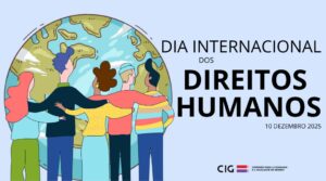 Do lado esquerdo, um grupo com dois homens e duas mulheres olham para o planeta Terra, do lado direito a frase Dia Internacional dos Direitos Humanos, 10 dezembro 2025, na base o logo da CIG