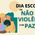 Imagem vectorial colorida com um grupo de jovens abraçados e o Dia Escolar da Não Violênciae da Paz