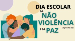 Imagem vectorial colorida com um grupo de jovens abraçados e o Dia Escolar da Não Violênciae da Paz