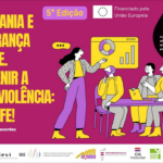 ilustração com 3 pessoas sentadas a uma mesa, a assistir a aula dada por formadora, que aponta para ecrã com gráficos