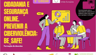 ilustração com 3 pessoas sentadas a uma mesa, a assistir a aula dada por formadora, que aponta para ecrã com gráficos